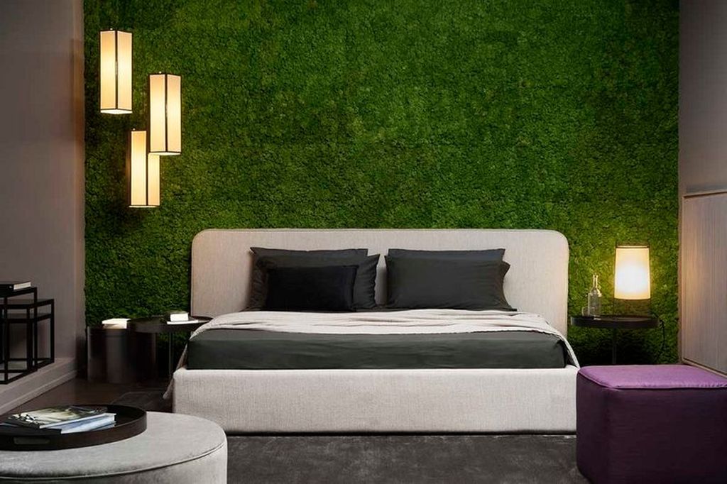 Perfect modern bedroom decor with moss wall in the wall to make impression nature in your bedroom decoration