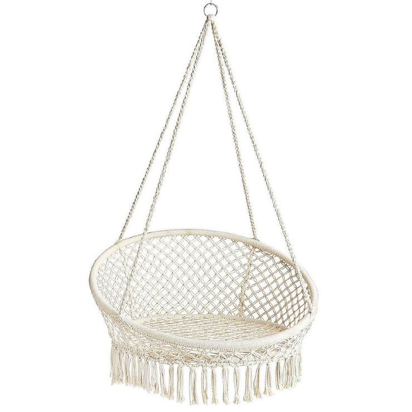 Round small white macrame hanging saucer chair.