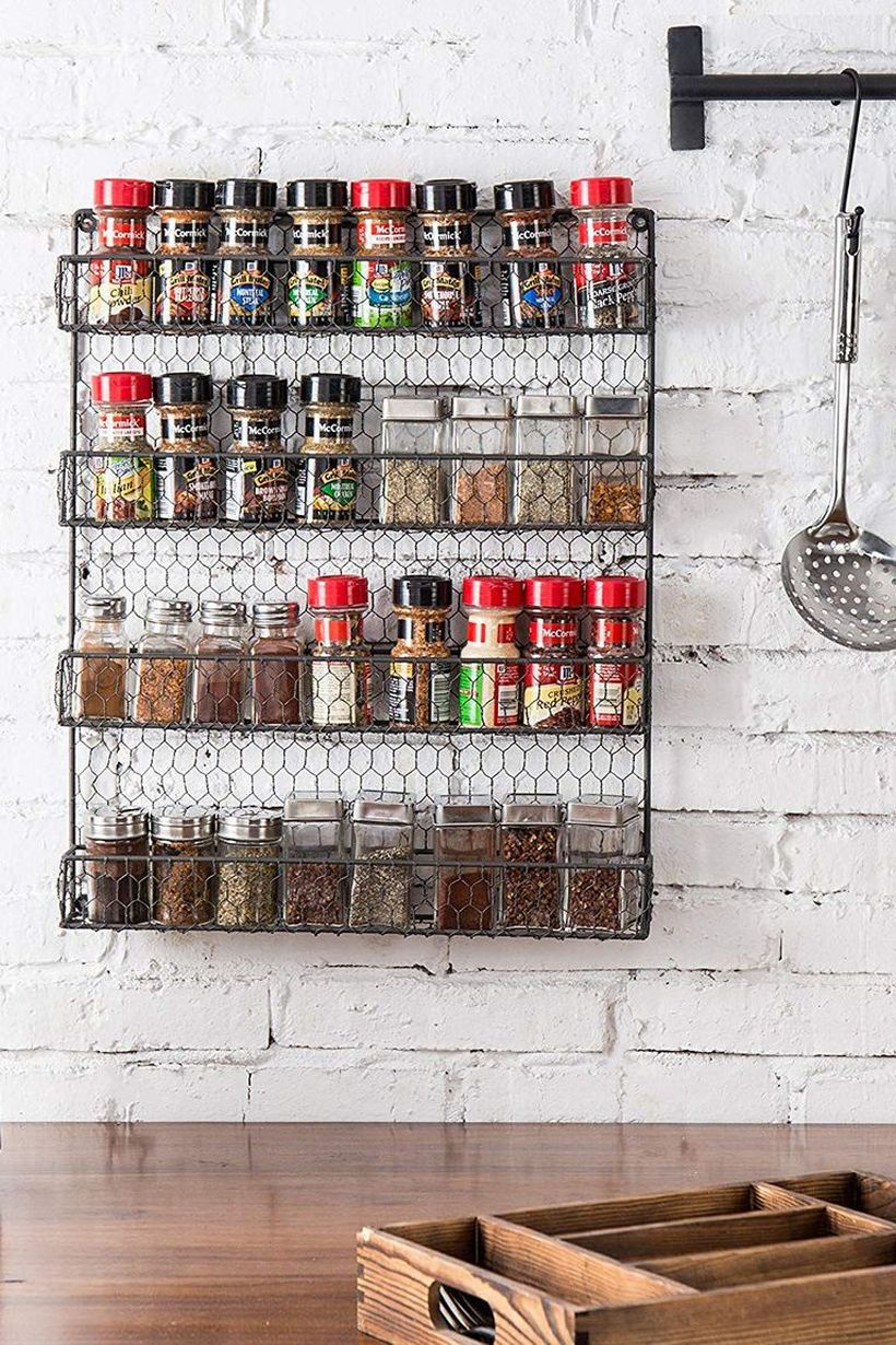 Rustic wall mounted spice rack from wire you can try for kitchen