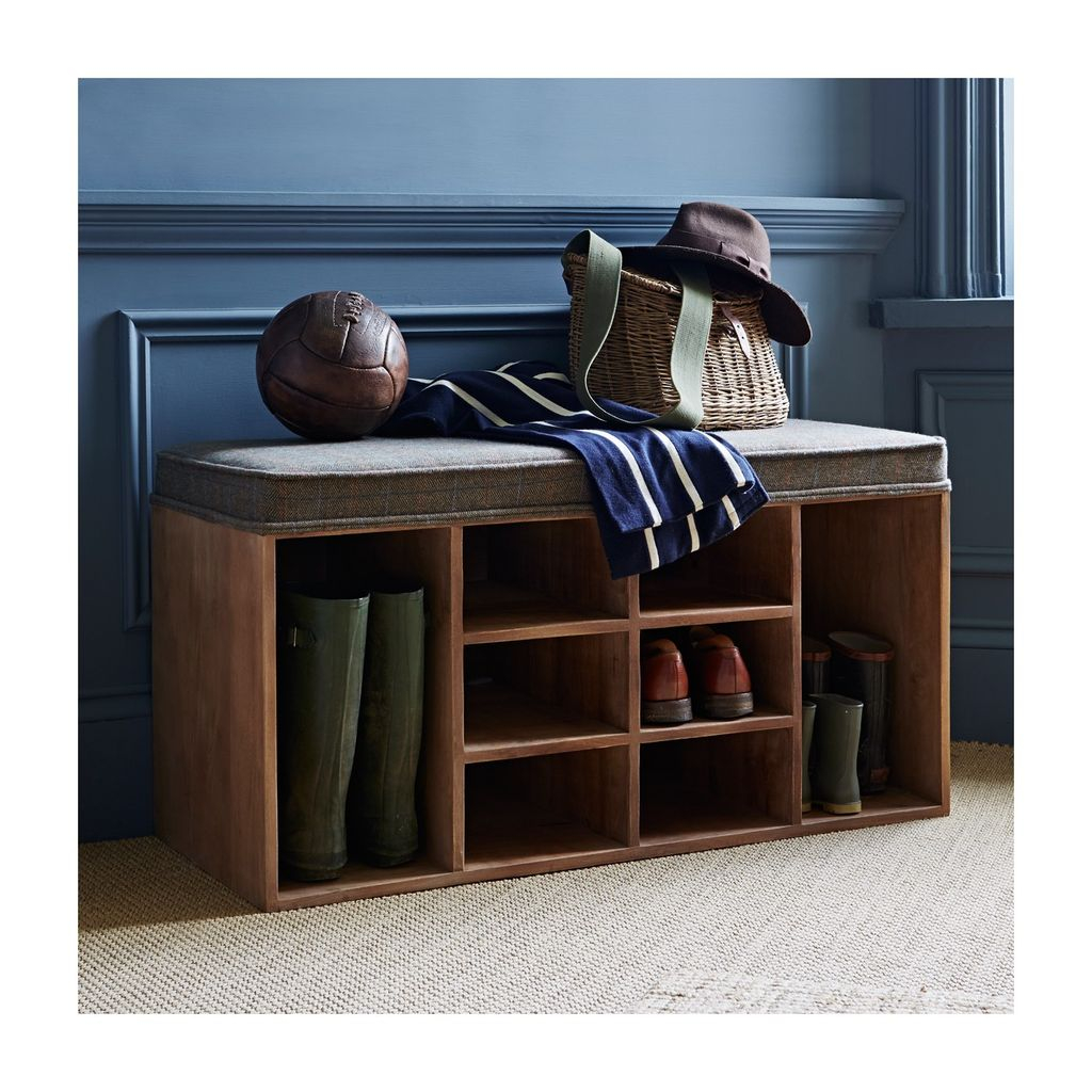 Rustic wooden storage bench with shoe shelves below it to complete your entryway decoration