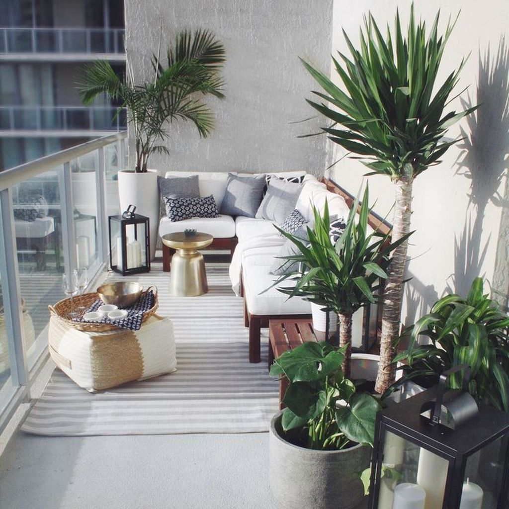 Small balcony with plants decoration and white shofas