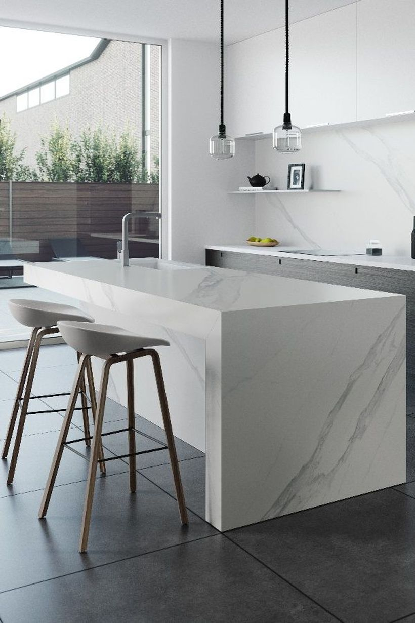 Square white countertop design with unique chairs