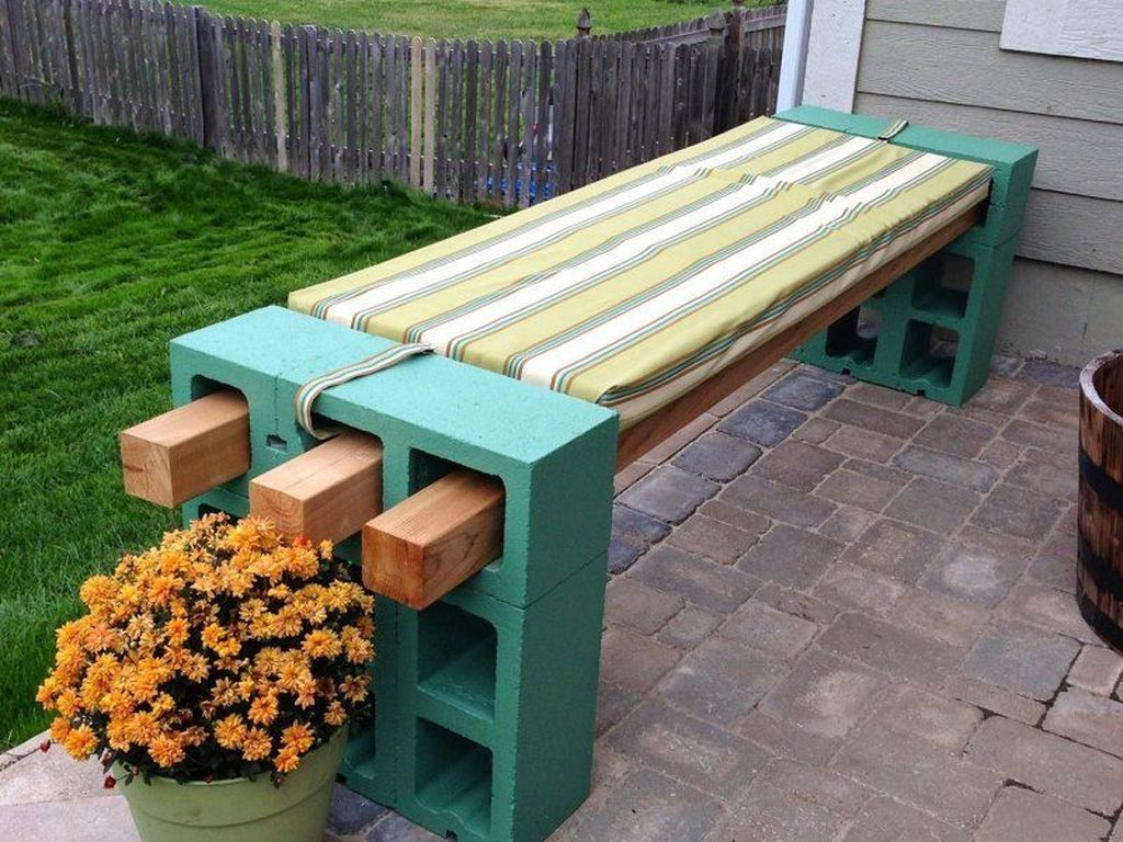 Striped wooden bench with light blue stand