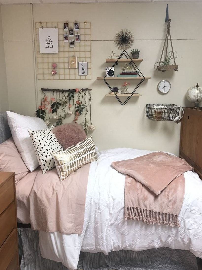 Stunning girls room decor with pink mattress, white blanket, colorful pillows, hanging plants and diy storage decoration on the wall to look creative