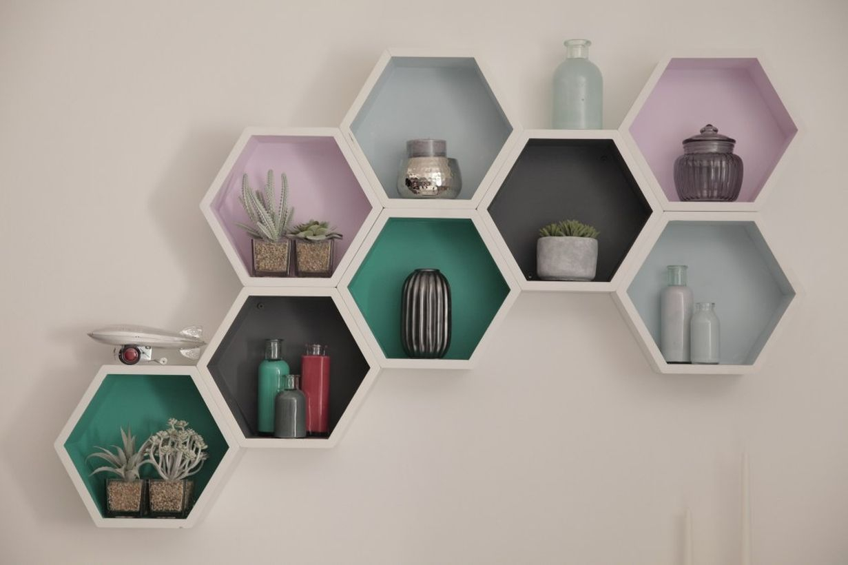 Unique rack placement succulent ideas with white pentagon design on the wall to look stunning