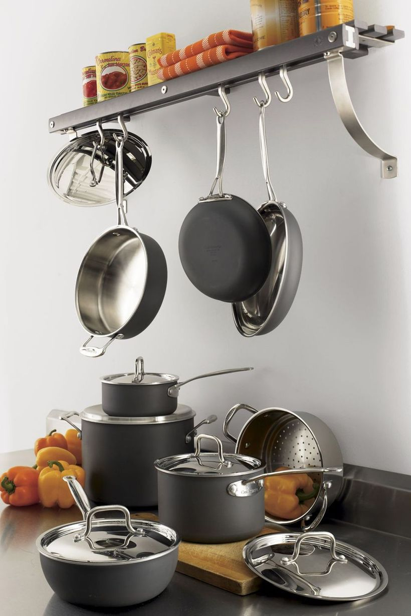 Wall-mounted pot rack.