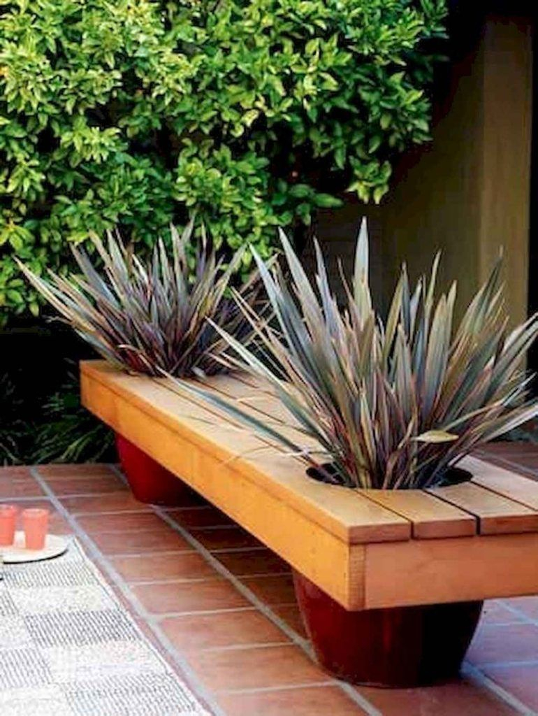Wooden bench combined with plants