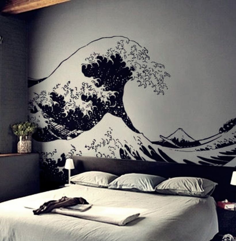 Amazing wall painting sea waves on the wall for your bedroom to create monocrhome theme