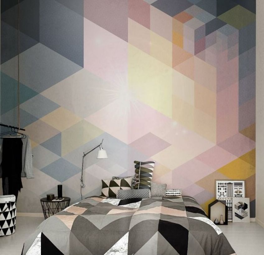 Best wall painting ideas for bedroom with geometric painting shapes and geometric blanket