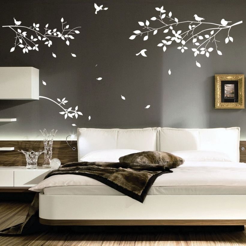 Best wall painting with deciduous leaves and birds fly themes for your backdrop bed you must try