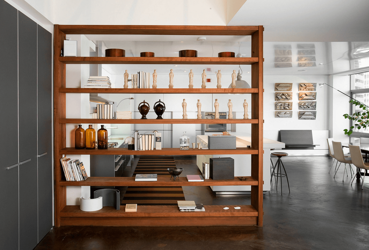 Brown wooden storage room divider