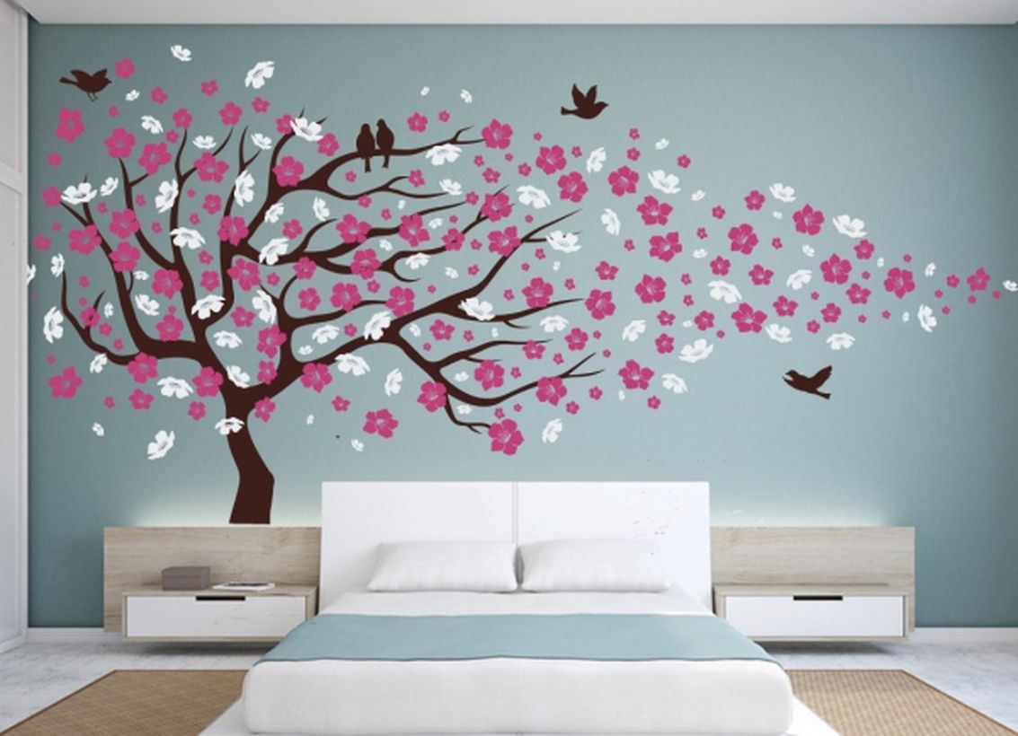 Cute wall painting ideas for bedroom with cherry blossom tree to create beautify the room