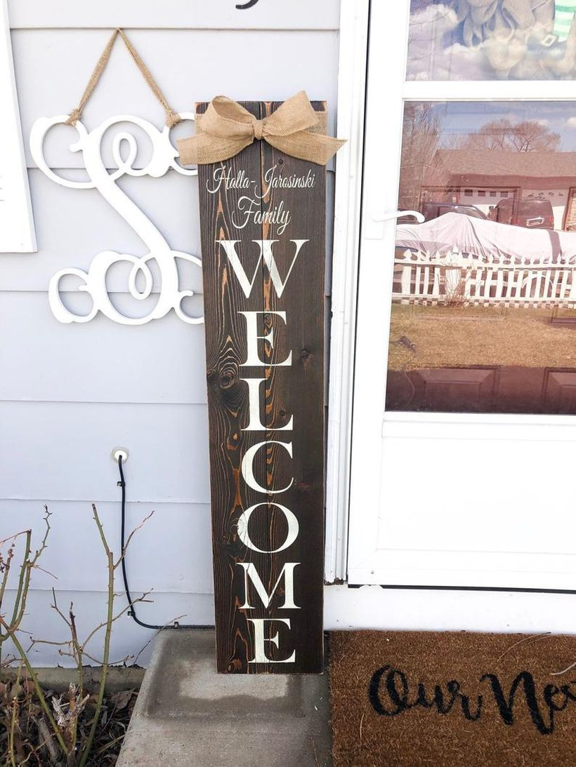 Decorating porch with welcome farmhouse wood sign front door sign with family name