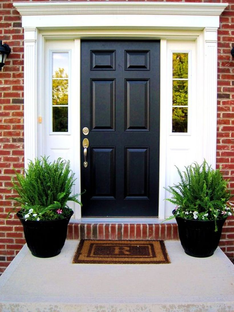 Elegant black door and black palnter with greenery for modern stylish porch