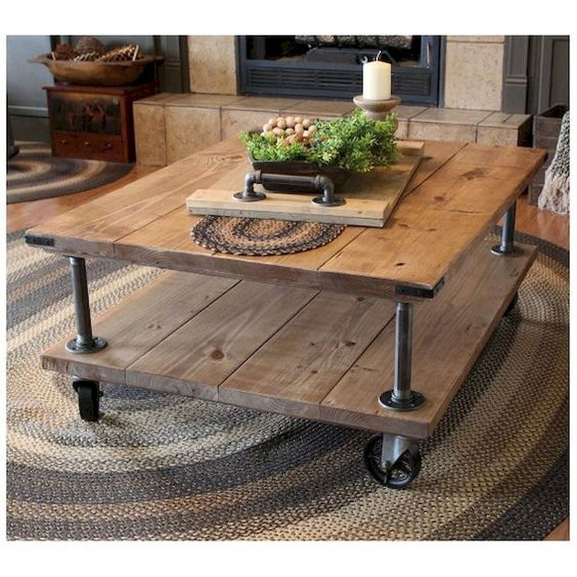 Farmhouse coffee table with wheel underneath