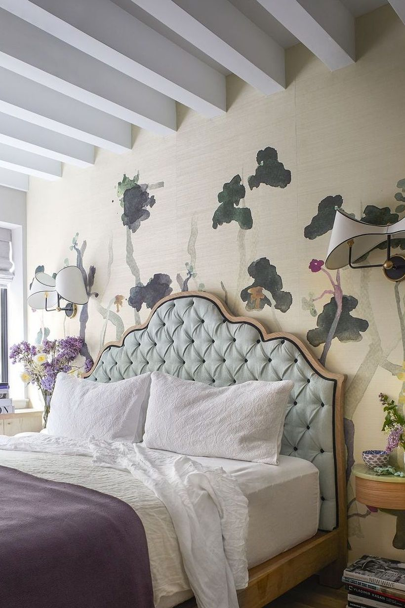 Farmhouse master bedroom with watercolor wallpaper to create beautify room