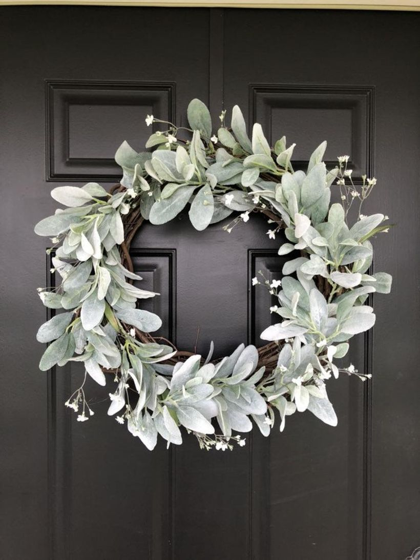 Faux floral lamb's ear wreath with tiny white flower to beautify to hang on a door