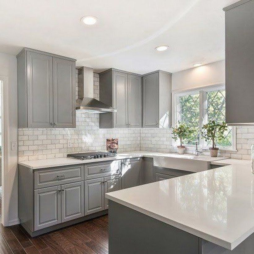 Letter u white countertop design on gray cabinet