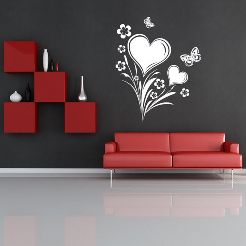 Minimalist living room decor with wall painting heats and flower themes to create romantic atmosphere