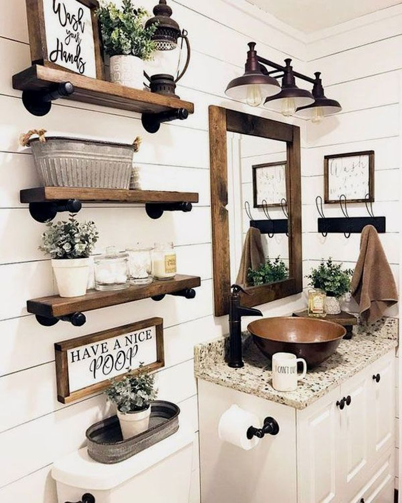 Modern farmhouse bathroom with hanging rack