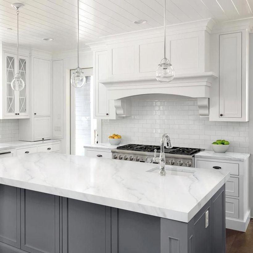 Modern white countertop design on gray cabinet
