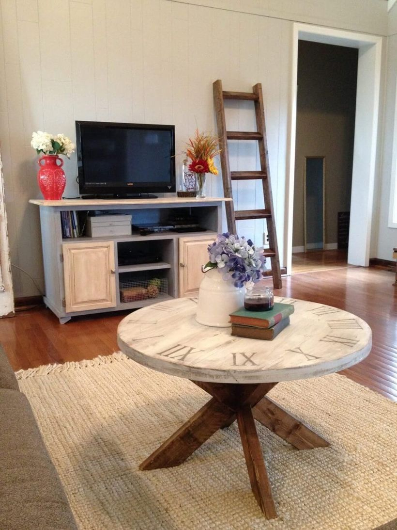 Round wooden coffee table with clock theme