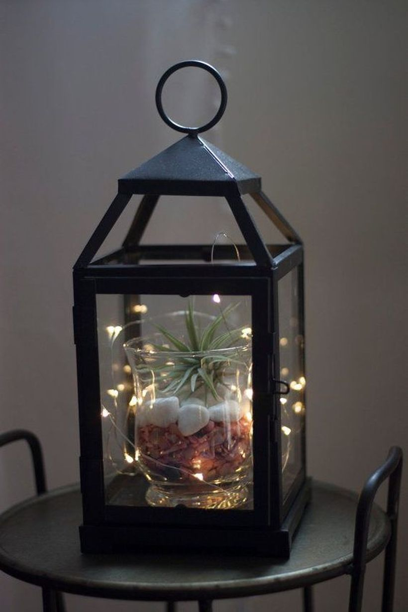 Simple lantern terrarium with black iron lantern, succulent, white gravel and decorative lighting for your home decor