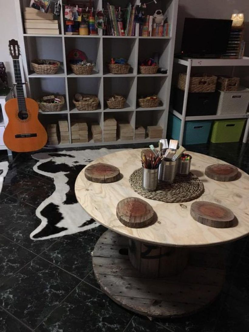 Table wooden spool and wooden beam