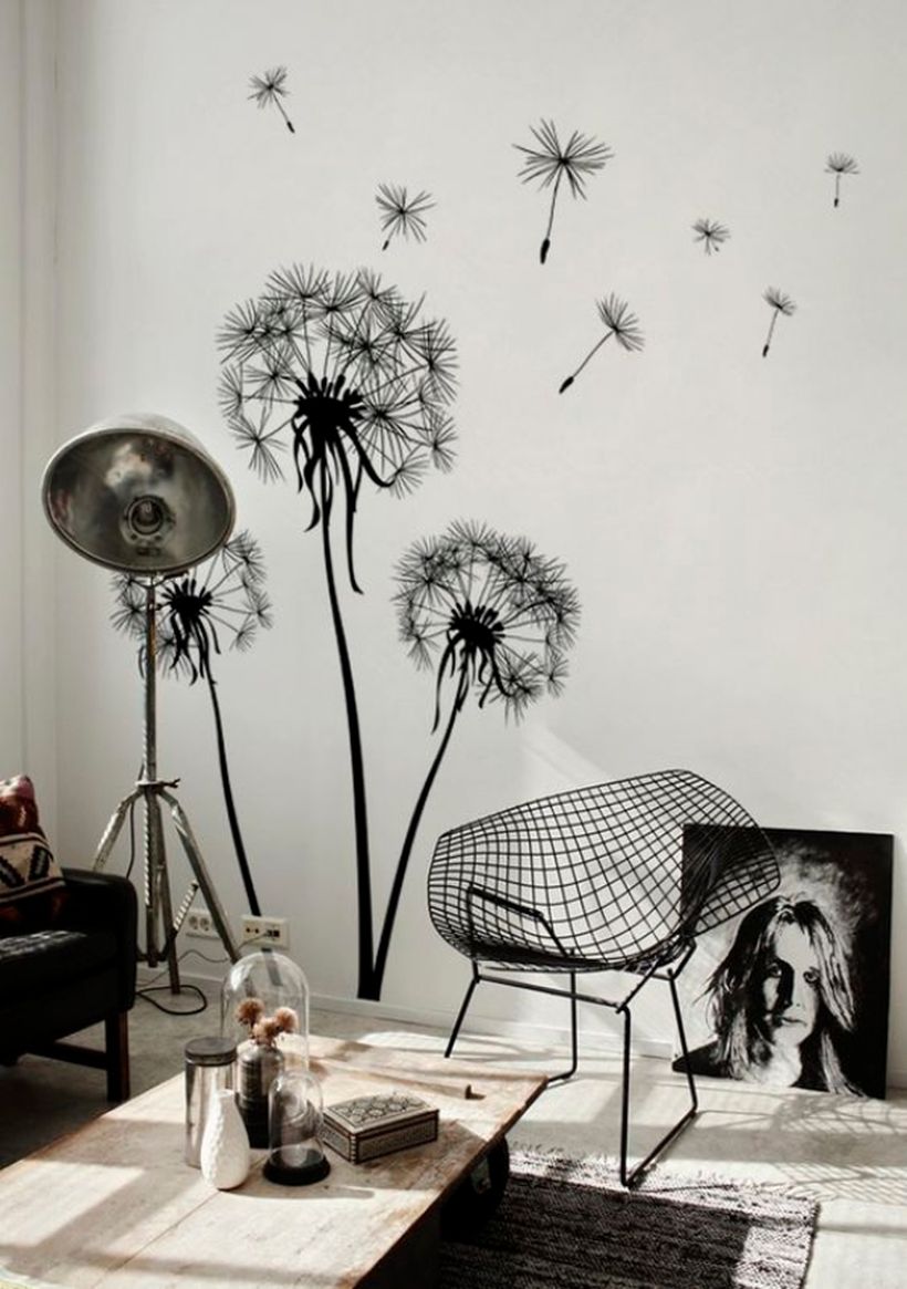 Unique wall painting flower theme for your living room to create a monochrome display