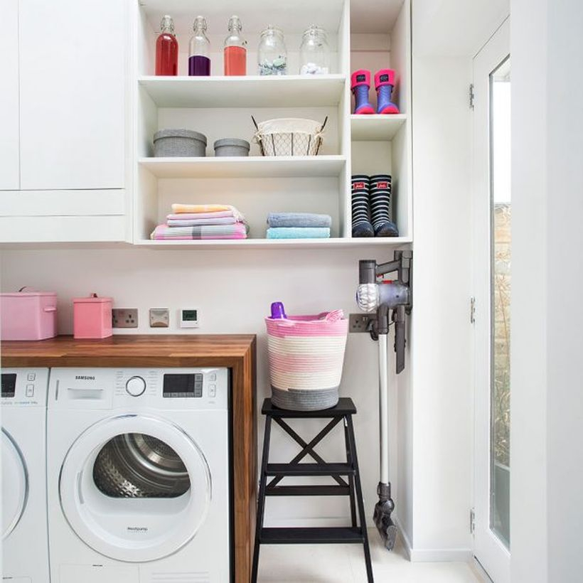 Washing machine with basket colorful storage and white rack