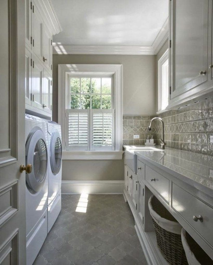 Washing machine with basket rattan storage and white cabinet storage