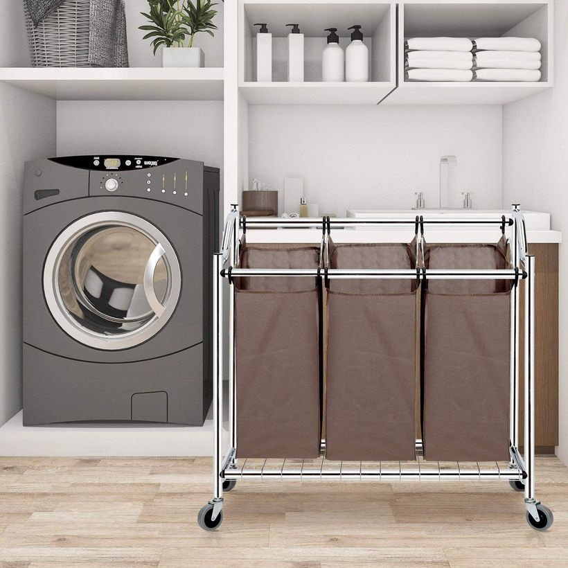 Washing machine with brown fabric storage and white rack