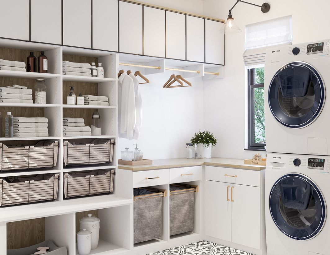 Washing machine with fabric storage and white cabinet storage