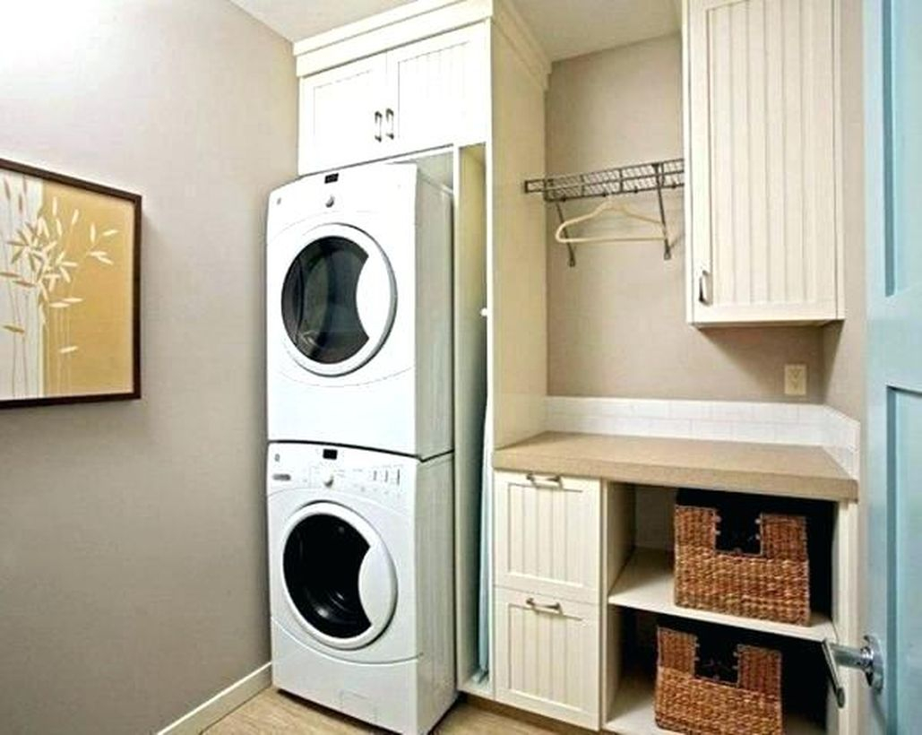 Washing machine with rattan storage and square white storage