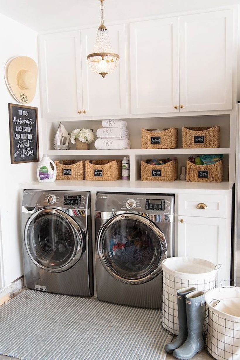Washing machine with small rattan storage and white cabinet storage
