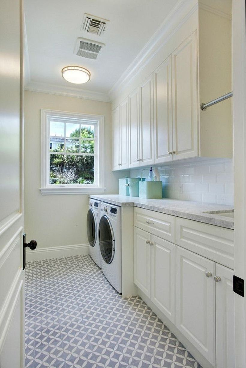 Washing machine with white cabinet storage