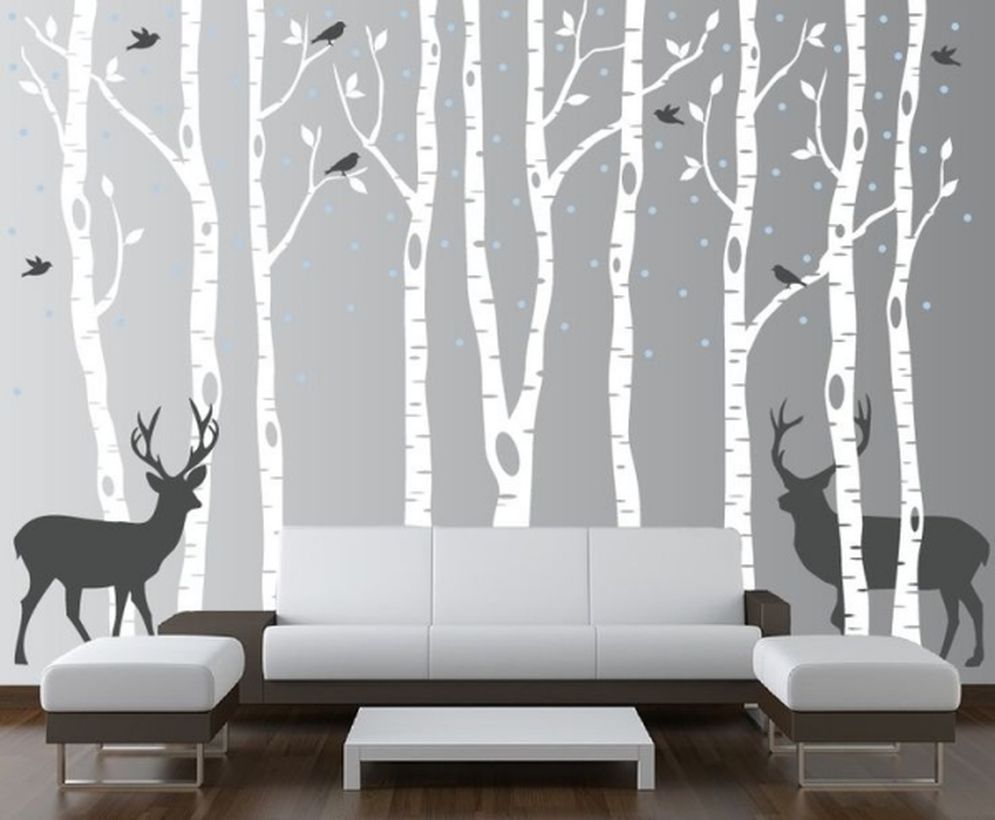 White and gray living decor with decoration wall painting of deer and bird animal themes