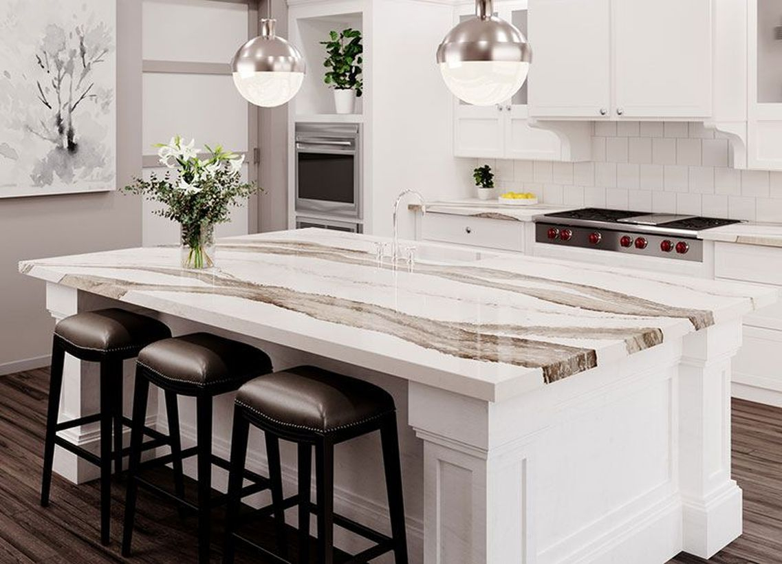White pattern marble countertop design with black chairs