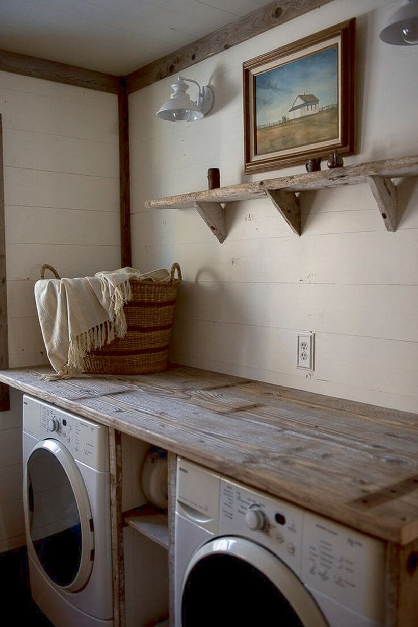 White washing machine and round rattan storage ideas