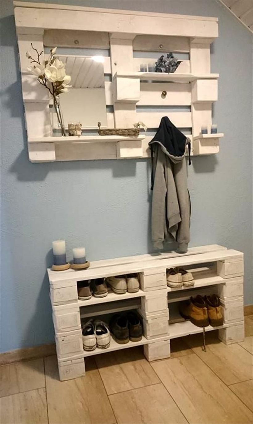 White wooden pallet to store house plant and rack shoes