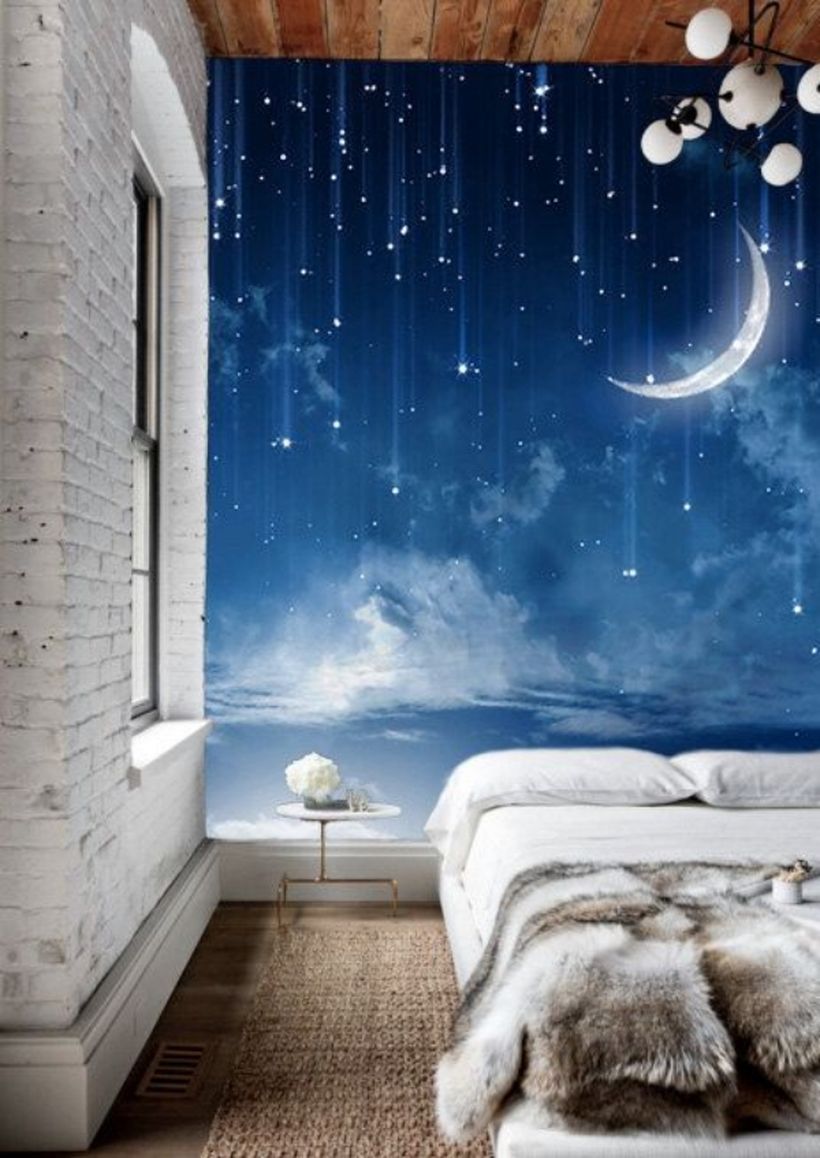 Wonderful wall painting ideas for bedroom with night and glowing object for teenage