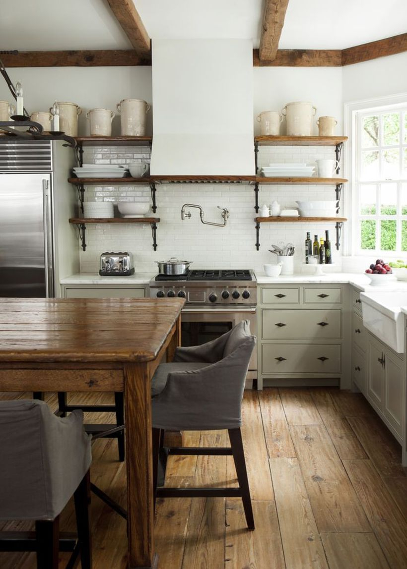 An amazing wooden kitchen flooring with white wooden, wooden rack, and square wooden table