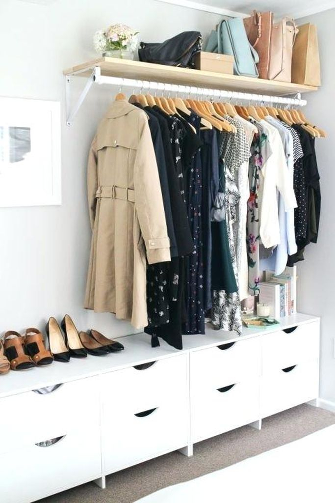 An awesome diy storage for bedroom with clothes storage under shelves to complete your small bedroom