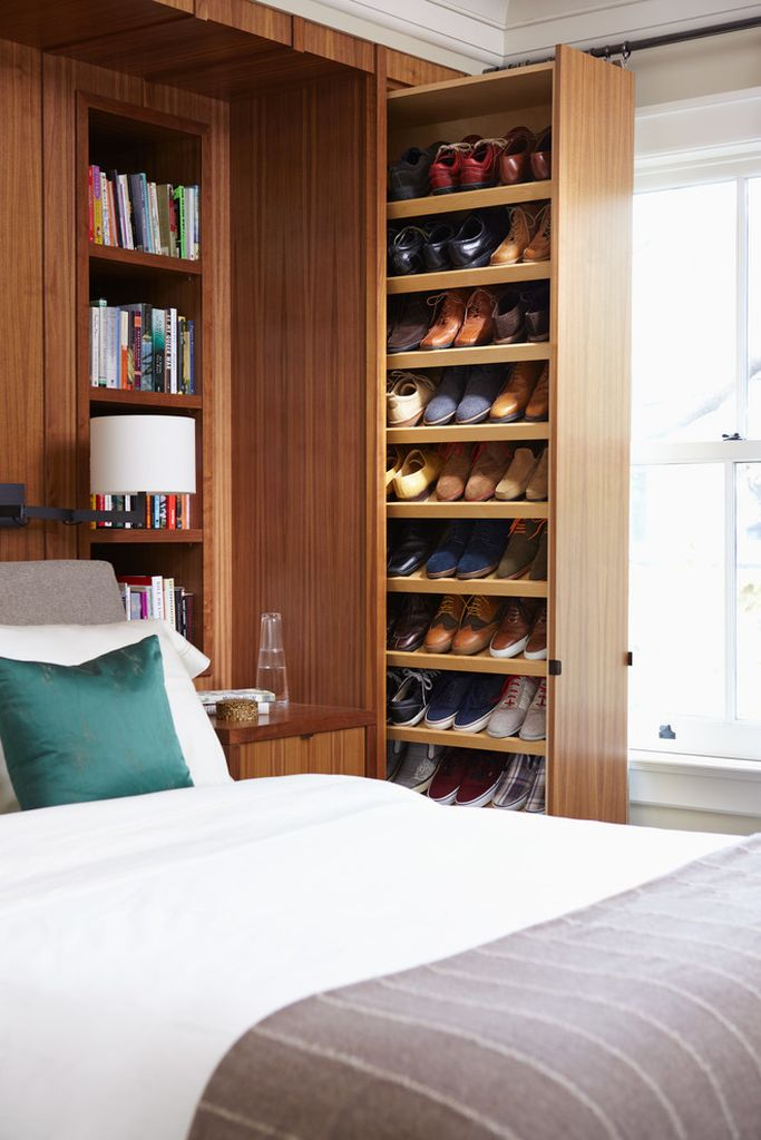 An awesome shoes storage idea for a bedroom with wooden closet storage side bed to complete your storage decoration
