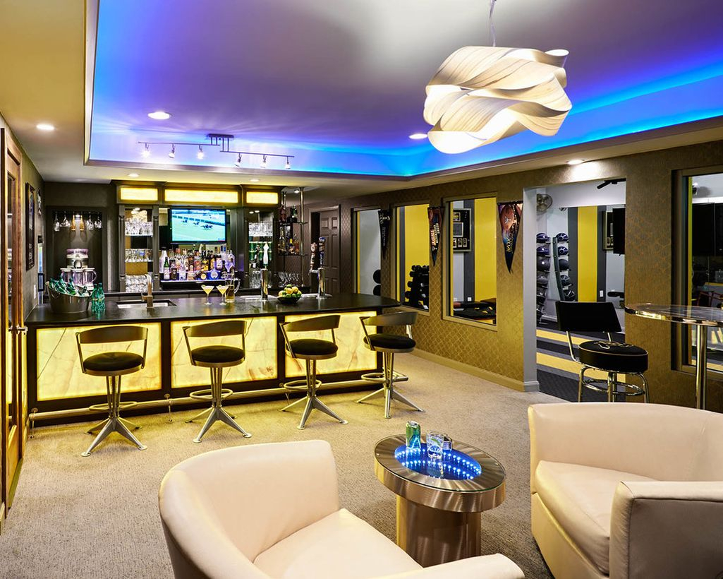Basement with yellow light in bar and white sofa ideas
