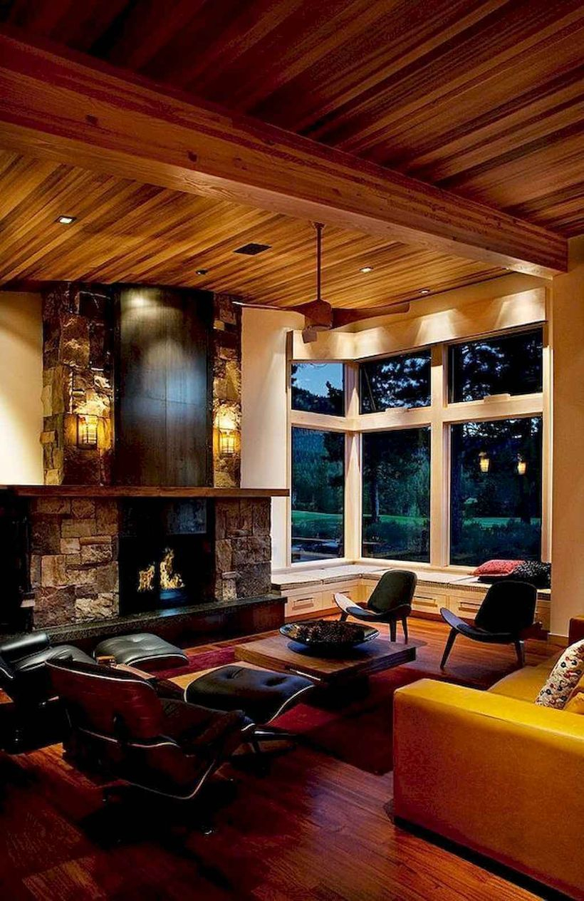 Best living room with black sofa chairs, yellow sofa, small wooden table and sky of wood