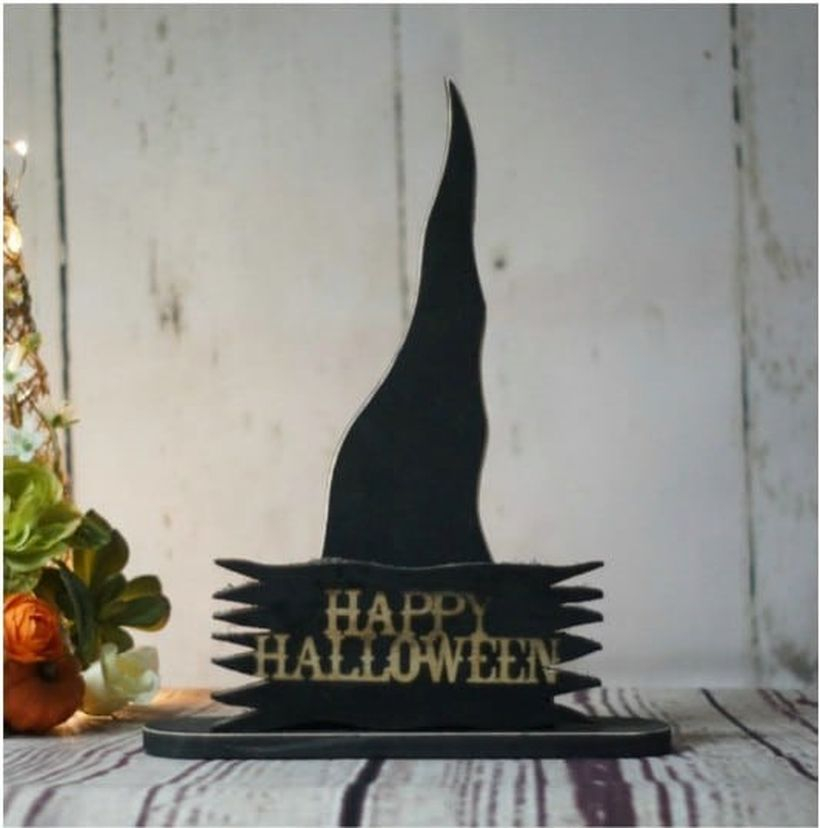 Black wooden pallet sentence board shaped black witch hat for indoor decoration