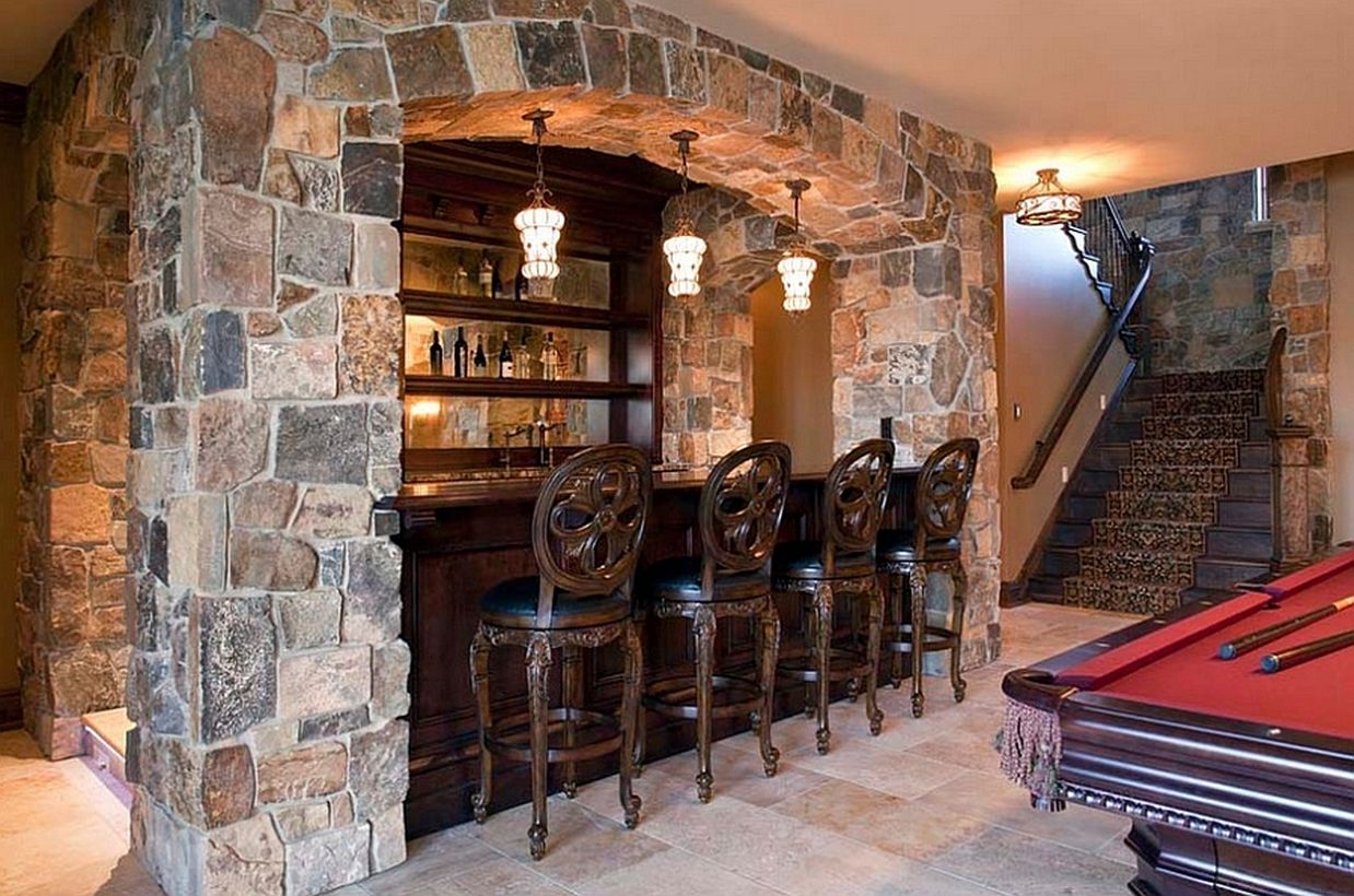 Classic basement bar design with a pool table