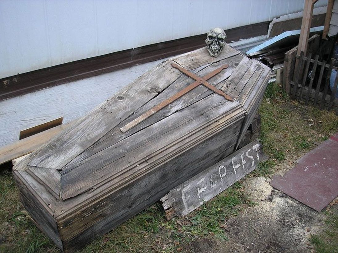 Classic wooden pallet old coffin in garden for scary garden decoration