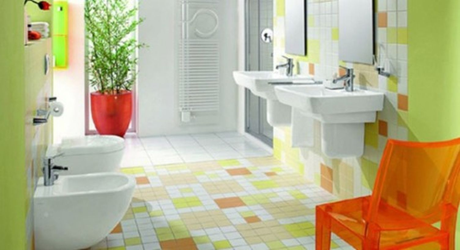 Colorful tile with white sink and closet for bathroom decoration to look fresh